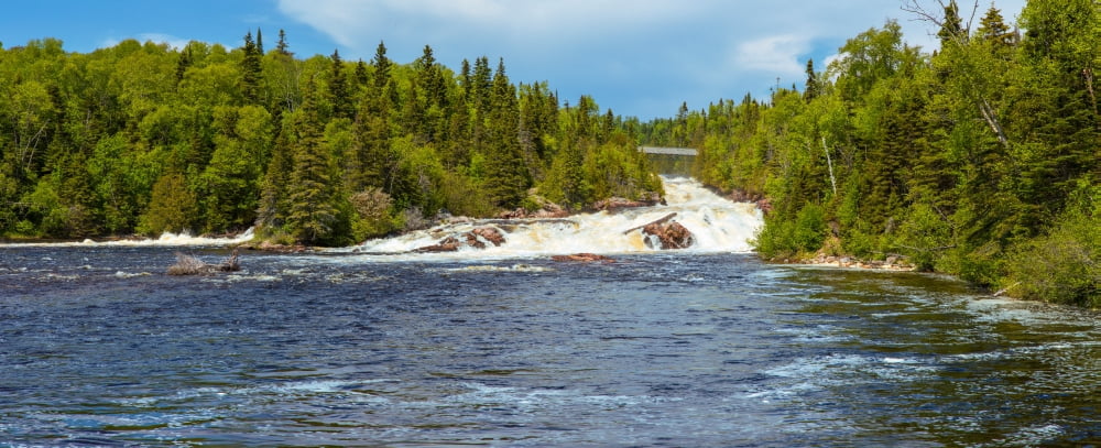 Waterfall on Aguasabon River at Terrace Bay Beach on the North Shore of Lake Superior Ontario Canada Canvas Art - Panoramic Images (6 x 15)