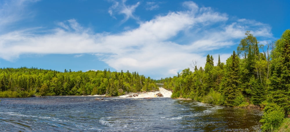 Waterfall on Aguasabon River at Terrace Bay Beach on the North Shore of Lake Superior Ontario Canada Canvas Art - Panoramic Images (7 x 15)