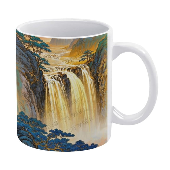 Waterfall with Gold Sunshine 11 Oz Ceramic Coffee Mug, Ideal for Relaxing Mornings