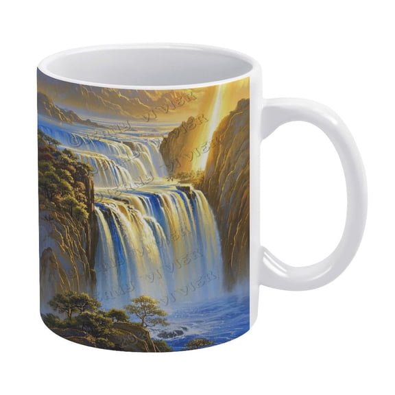 Waterfall with Gold Sunshine 11 Oz Ceramic Coffee Mug, Perfect for Office and Home Use
