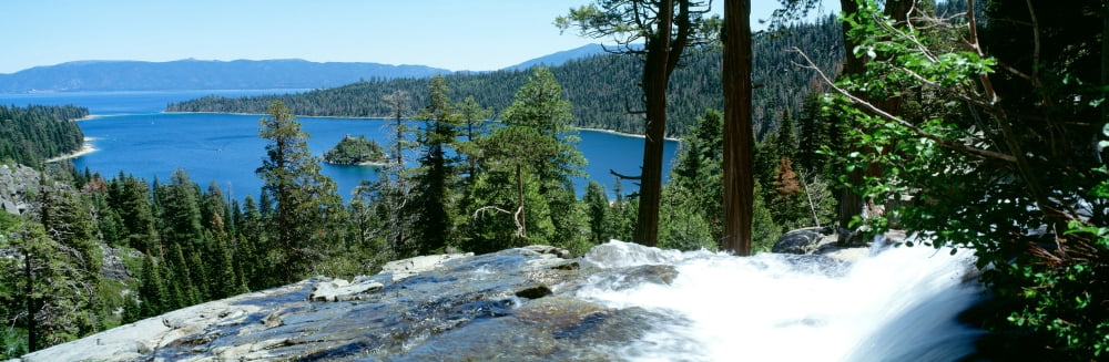 Waterfall with a lake in the background Emerald Bay Lake Tahoe California USA Canvas Art - Panoramic Images (36 x 12)