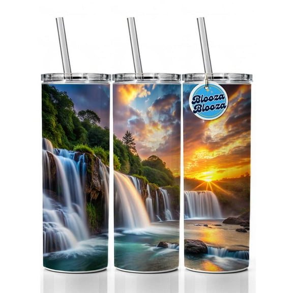 Waterfalls At Sunset 20oz Insulated Water Bottle Skinny Tumbler Includes Straw