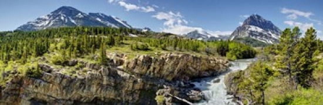 Waterfalls at base of a lake Swiftcurrent Lake Glacier National Park Montana USA Canvas Art - Panoramic Images (18 x 6)
