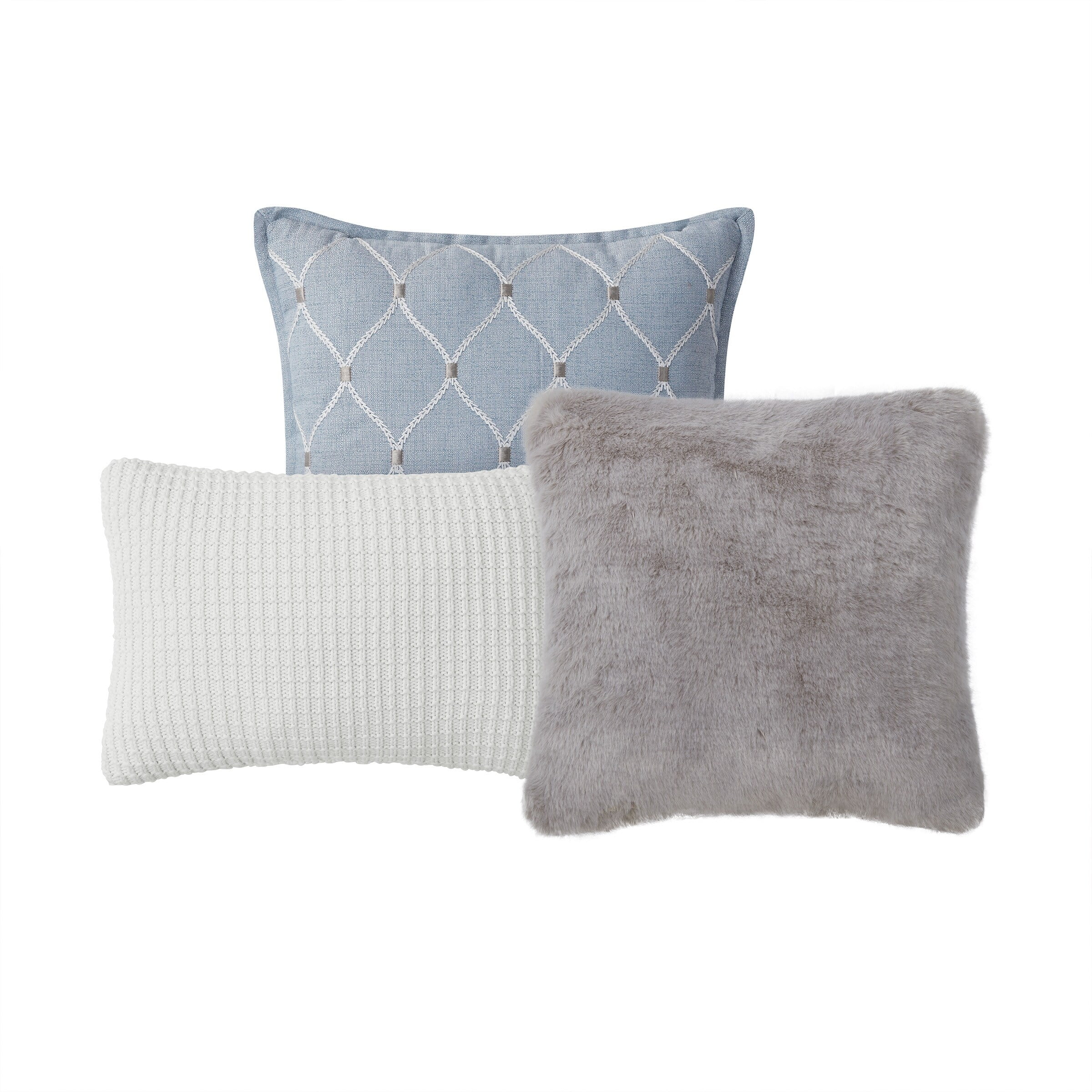 Blue and Taupe Embroidered Faux Fur Pillow Set