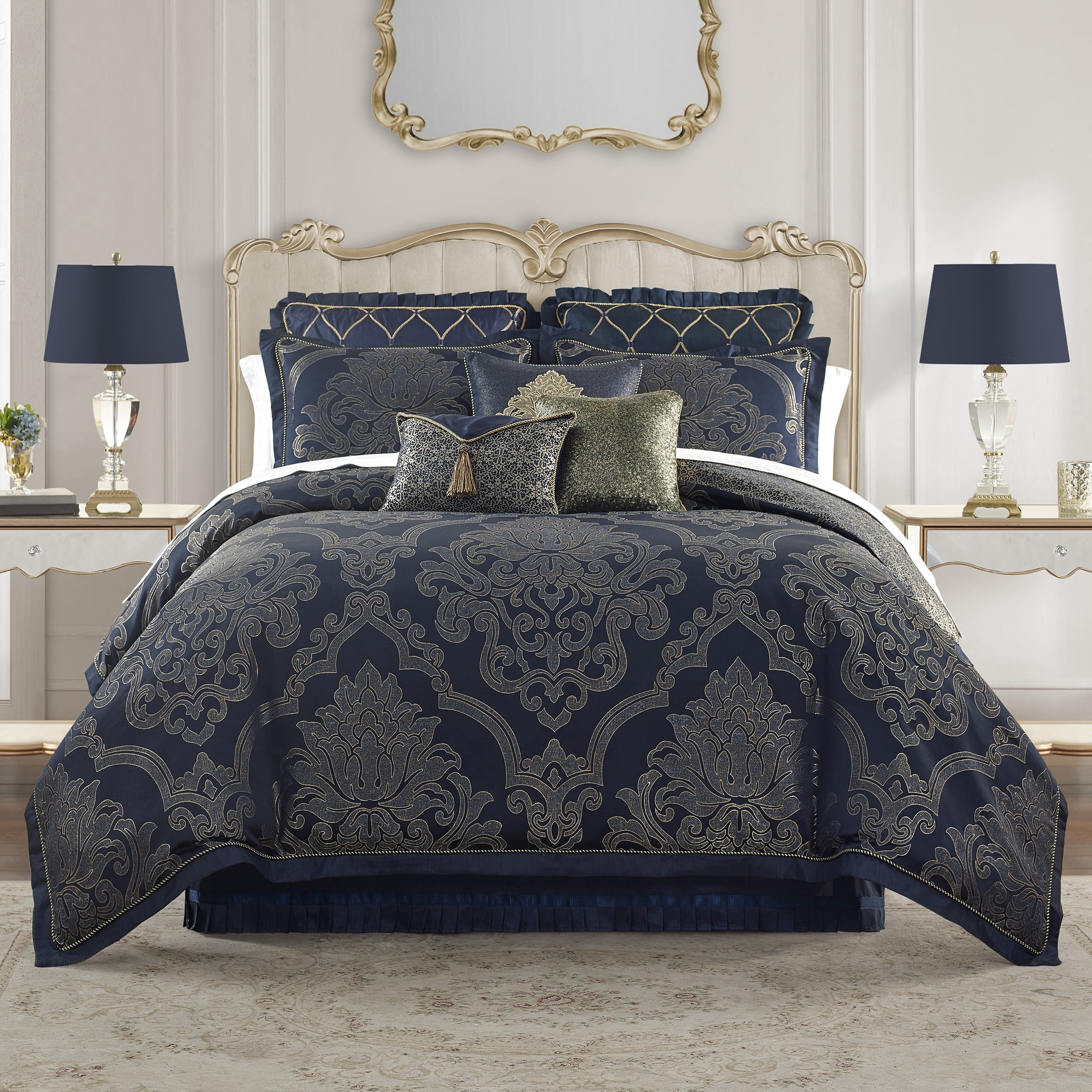 Navy and Gold Reversible Queen Comforter Set with Embroidery
