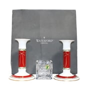 Waterford Holiday Ribbons Candlesticks & Tree Votive 6.4" Boxed Set of 3 - Worn Box