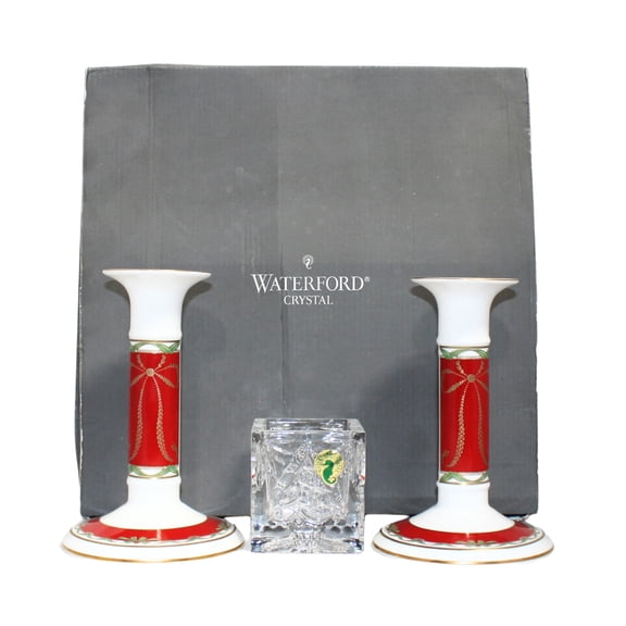 Waterford Holiday Ribbons Candlesticks & Tree Votive 6.4" Boxed Set of 3 - Worn Box