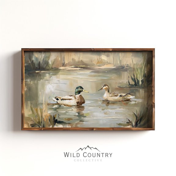Waterfowl Mallard Pair Marsh Reeds Warm Pond Scene Outdoor Two Poster