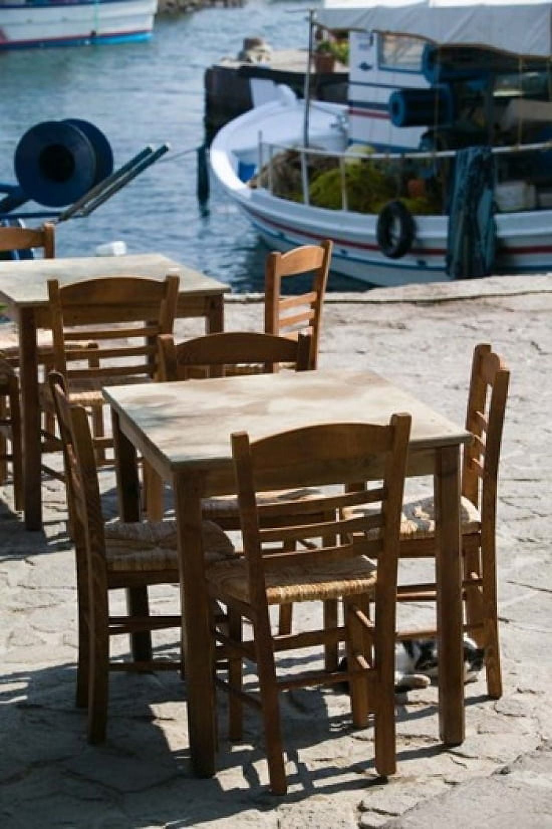Waterfront Cafe Tables Skala Sykaminia Lesvos Mithymna Northeastern Aegean Islands Greece Canvas Art - Walter Bibikow DanitaDelimont (24 x 36)