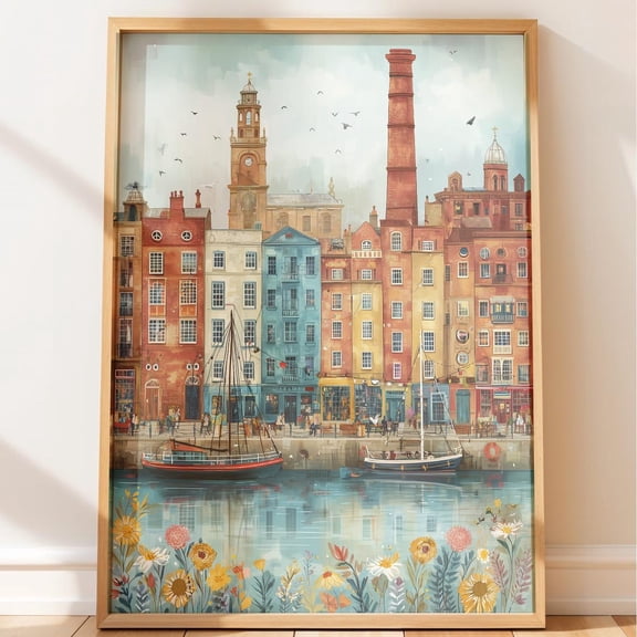 Waterfront Liverpool Royal Albert Dock Travel Illustrations Vintage Travel City Reading Nook Art, Unframed Poster