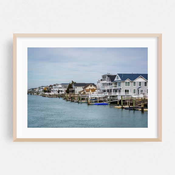 Waterfront Living, Avalon 01 - Avalon New Jersey Photography Beach House Coast Seaside Harbor Ocean Water Architecture Oak Framed Wall Art Print 24 x 36 inches