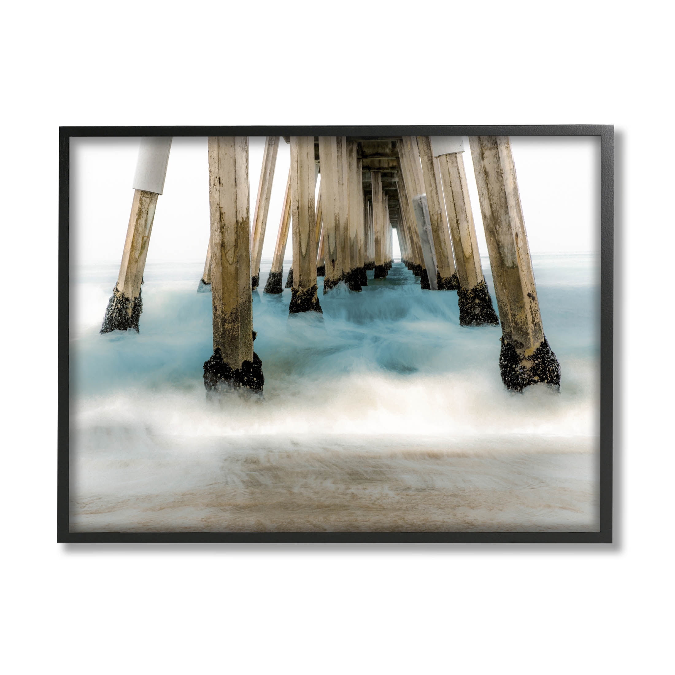 Waterfront Pier Splashing Sea Waves Coastal Graphic Art Black Framed Art Print Wall Art