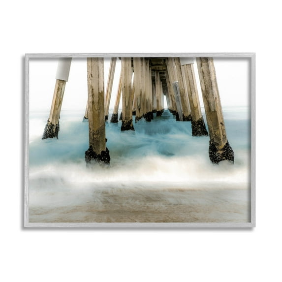 Waterfront Pier Splashing Sea Waves Coastal Graphic Art Gray Framed Art Print Wall Art