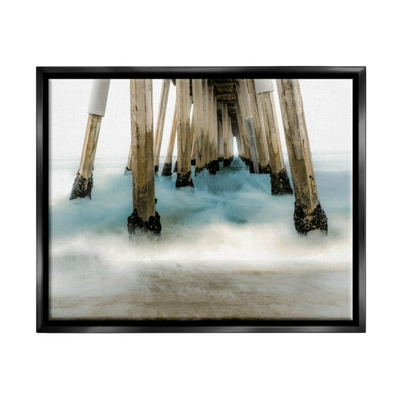 Waterfront Pier Splashing Sea Waves Coastal Graphic Art Jet Black Framed Art Print Wall Art