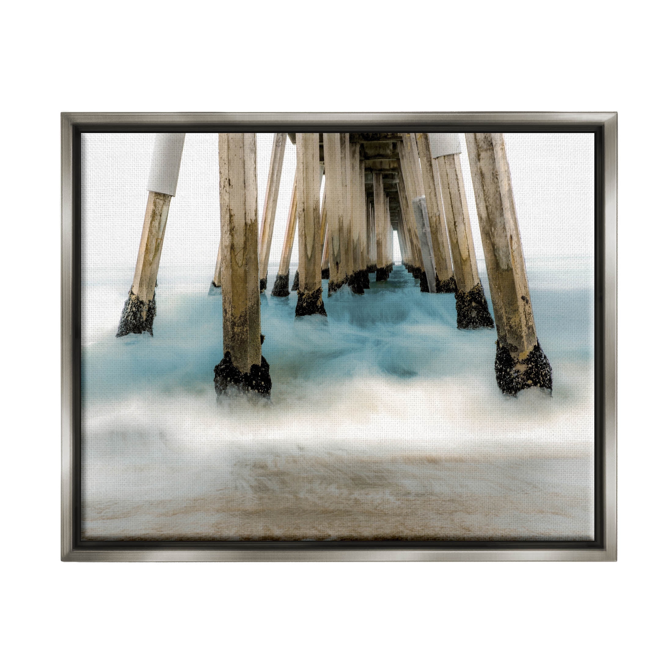 Waterfront Pier Splashing Sea Waves Coastal Graphic Art Luster Gray Framed Art Print Wall Art