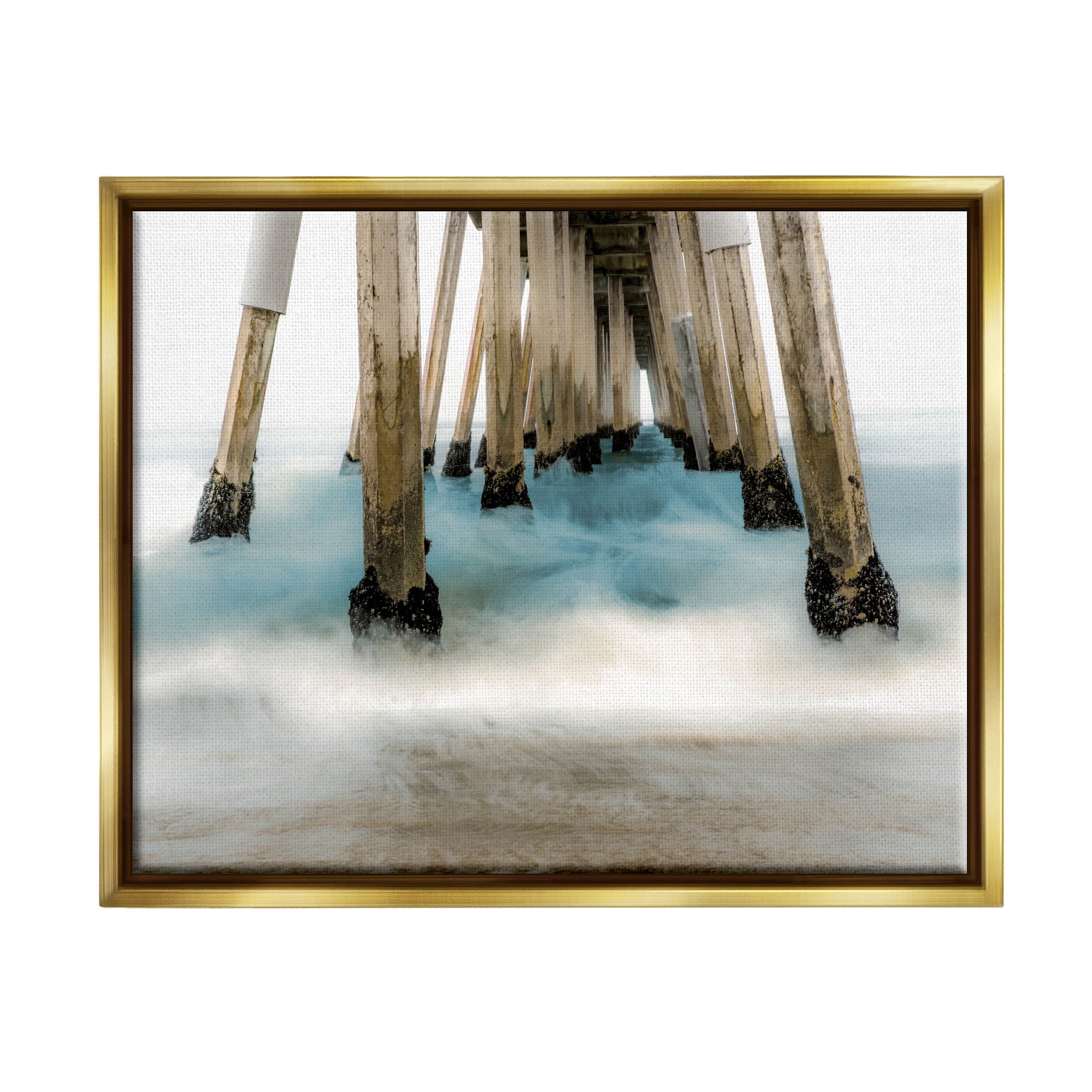 Waterfront Pier Splashing Sea Waves Coastal Graphic Art Metallic Gold Framed Art Print Wall Art