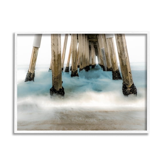 Waterfront Pier Splashing Sea Waves Coastal Graphic Art White Framed Art Print Wall Art