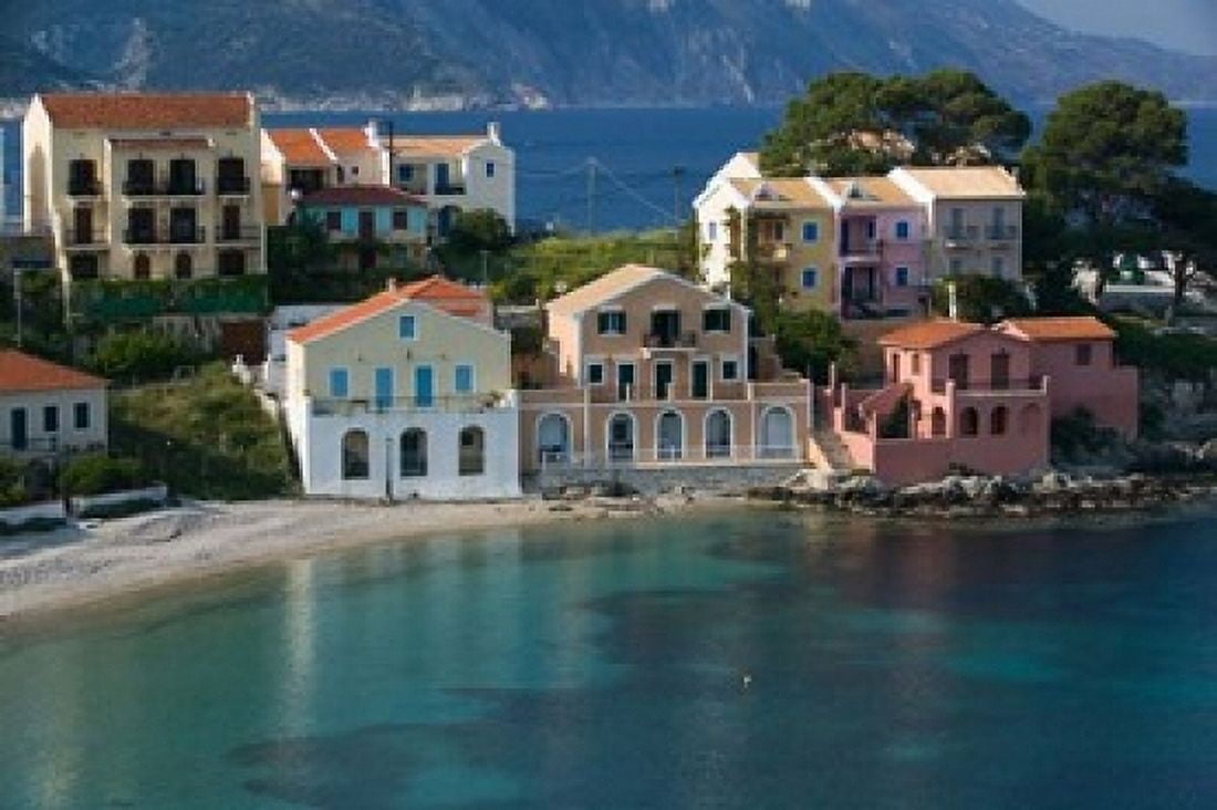 Waterfront Resort Houses Assos Kefalonia Ionian Islands Greece Canvas Art - Walter Bibikow DanitaDelimont (36 x 24)