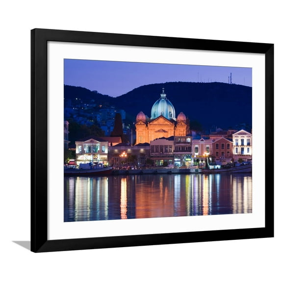 Art.com Waterfront View of Southern Harbor, Lesvos, Mithymna, Northeastern Aegean Islands, Greece Photographic Print by Walter Bibikow, Black Frame Wall Art, 40" x 32"