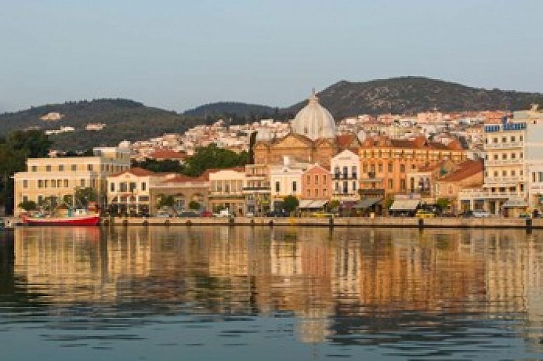 Waterfront View of Southern Harbor Lesvos Mithymna Northeastern Aegean Islands Greece Canvas Art - Walter Bibikow DanitaDelimont (28 x 19)