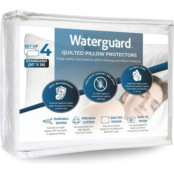 Waterguard Quilted Pillow Protector - Waterproof and Bed Bug Proof Standard Size Zippered Pillow Protector - Luxury Designed Pillowcases Protects Pillows from Dirt, Dust Mites, Stains, & Spills