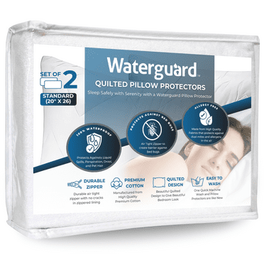 Waterguard Waterproof Pillow Protectors – Zippered Bed Bug Pillow Cases - Quilted 100% Cotton Shell, Microfiber Filled Pillow Covers – Standard Size (20x26) Set of 2