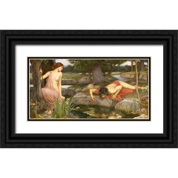 Waterhouse, John William 32x18 Black Ornate Wood Framed with Double Matting Museum Art Print Titled - Echo and Narcissus