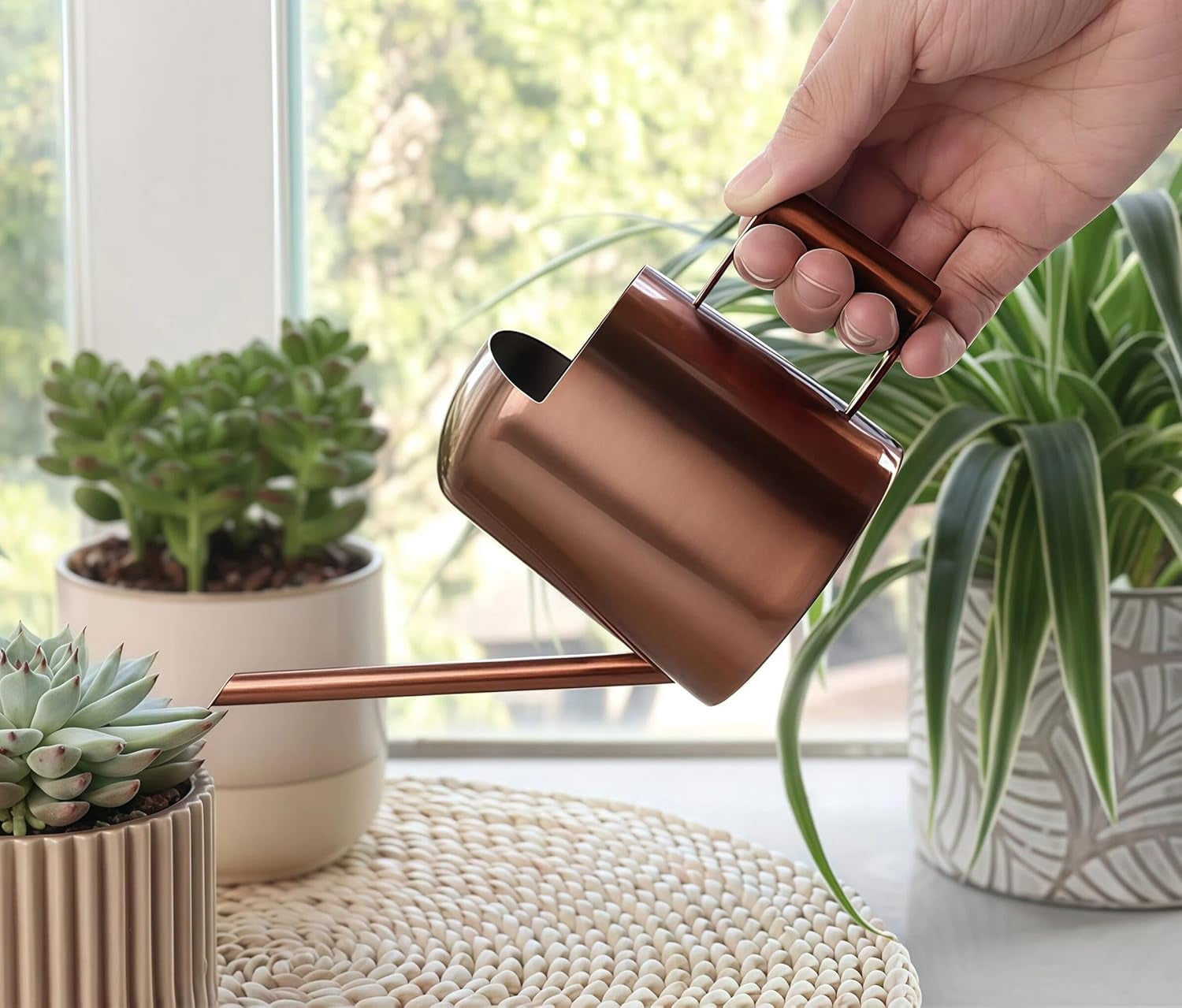 Watering Can 10oz/300ml Stainless Steel Long Spout Semi Open Powder Coated Flower Pot for Garden Family Outdoor