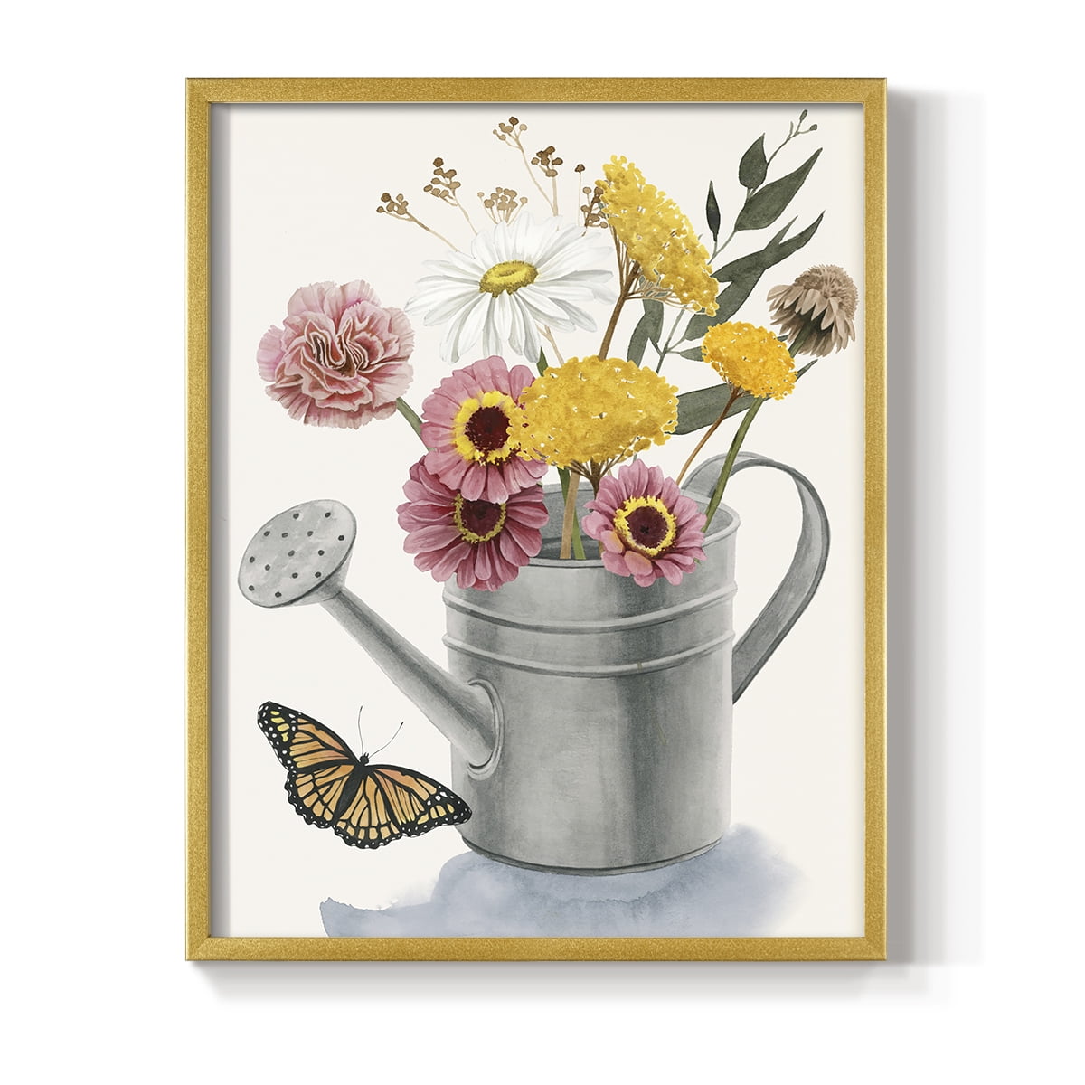 Watering Can Bouquet I Framed Print in Gold Solid Wood 8 x 10 Framed Print