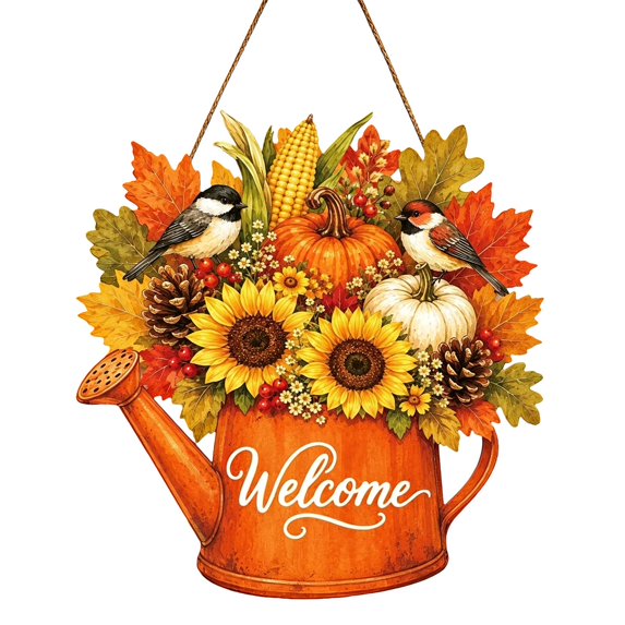 Watering Can Fall Welcome Sign, 11.8 inch Pumpkin Sunflower Wooden Hanging Ornament, Maple Leaf Harvest Door Decor, Thanksgiving Front Porch Plaque, Rustic Farmhouse Wall Art, Autumn Home Decoration