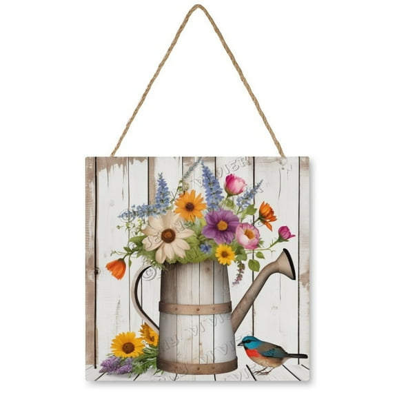Watering Can With Flower And Bird Wall Art Wooden Hanging Sign Rustic Farmhouse Decor Vintage Pictures for Bedroom Bathroom Kitchen Wall Decorations Bar Interior Decor 12"x12"