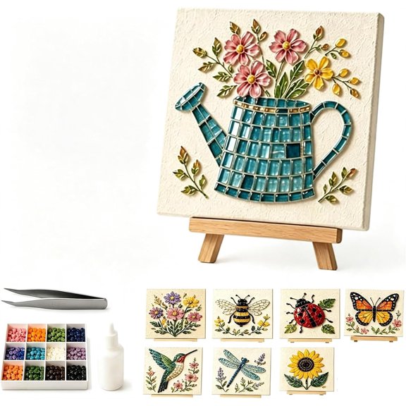 Watering Can Mosaic Art Kit Floral Watering Can DIY Mosaic Bead, Decor Handmade Home Ornament for Adults Beginner, DIY Floral Garden Themed Craft (#D)