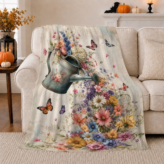 Watering Can Pouring Wildflowers, Rustic Vintage Style for Garden Lovers, Butterfly Bouquet Scene, Cozy Flannel Blanket for Sunroom and Bedroom, Mother's Day Gift and Cottagecore Home Decor