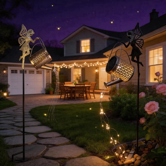 Watering Can Solar Garden Stake Lights, Metal Hollow Fairy Silhouette Outdoor Solar Waterfall String Lights, Waterproof Solar Powered Pathway Lamp for Yard Lawn Patio Flower Bed Decor, Artistic