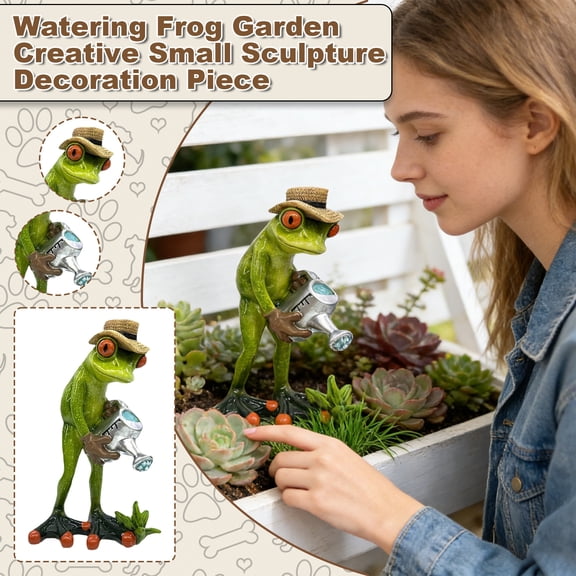 Watering Frog Garden Sculpture, Resin Craft Ornament, Hand-Painted Anthropomorphic toad Figurine with Mini Watering Can, for Patio Planter, Window Box, Yard, and indoor Shelf