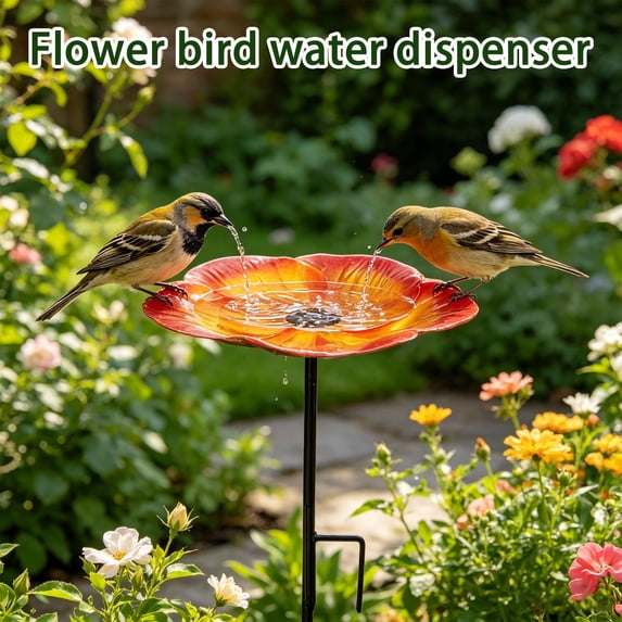 Watering Station, Metal Garden Decor, Bird Bath for Outside Metal, Outdoor Decor, 24X10X25 Inch Brown Flower Design Stake Bird Bath, Simple Two-Prong Ground Stake Ensures No