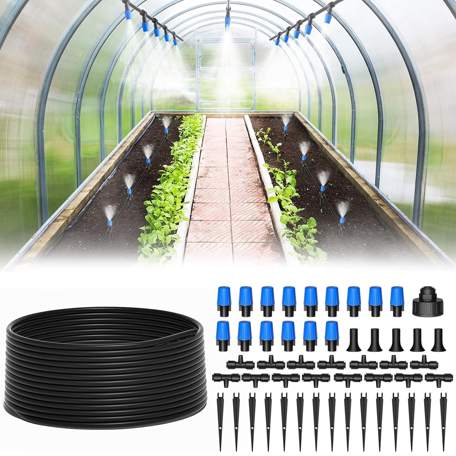 Watering System 65FT Easy Connect Drip Irrigation Kit, Jorking 1/4 inch Mist Irrigation Kits Accessories with 65ft 1/4” Blank Distribution Tubing Hose-Black