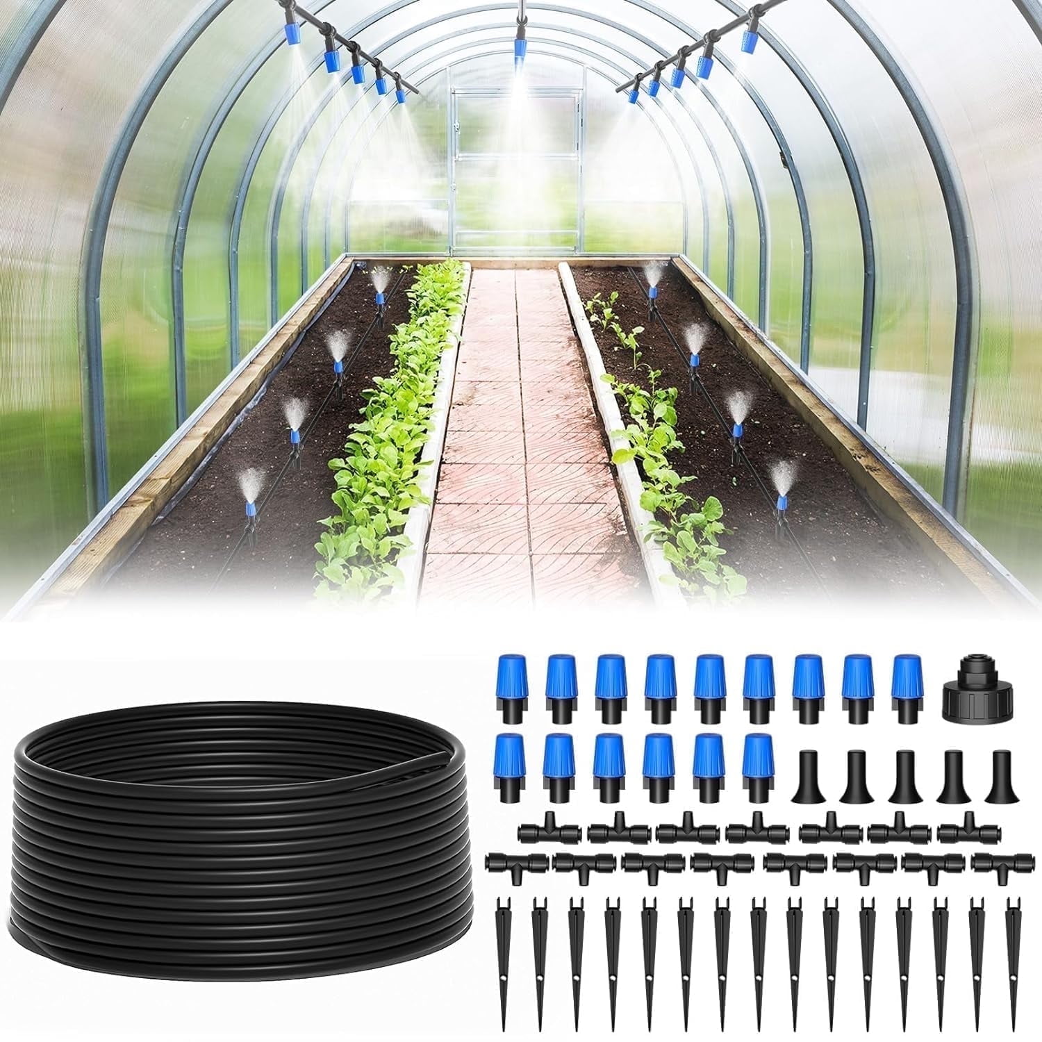 Irrigation System 65FT Easy Connect Drip Irrigation, Jorking Sprinkler System Mist Accessories with 1/4 inch Blank Distribution 65ft Tubing Hose-Black