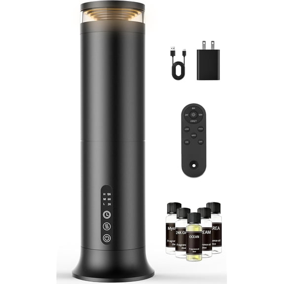 Waterless Essential Oil Diffuser, 1500 Sq Ft Nebulizing Scent Air Machine, Remote Control, Ultra-Quiet Dry Mist Aromatherapy Diffuser for Large Home Office Hotel Spa, 5 Oils Starter Kit Included