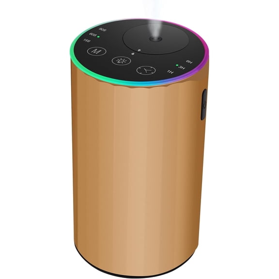 Waterless Essential Oil Diffuser, 7 Colors LED Light, Battery Powered Mini Scent Air Machine, Aromatherapy Mist Diffuser for Home Room Car Office,Black Aluminum Alloy (Black) (Gold)