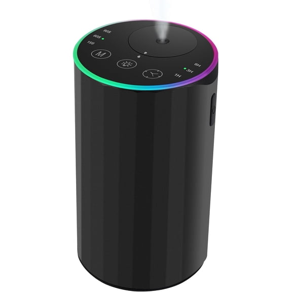 Waterless Essential Oil Diffuser, 7 Colors LED Light, Battery Powered Mini Scent Air Machine, Aromatherapy Mist Diffuser for Home Room Car OfficeBlack Aluminum Alloy