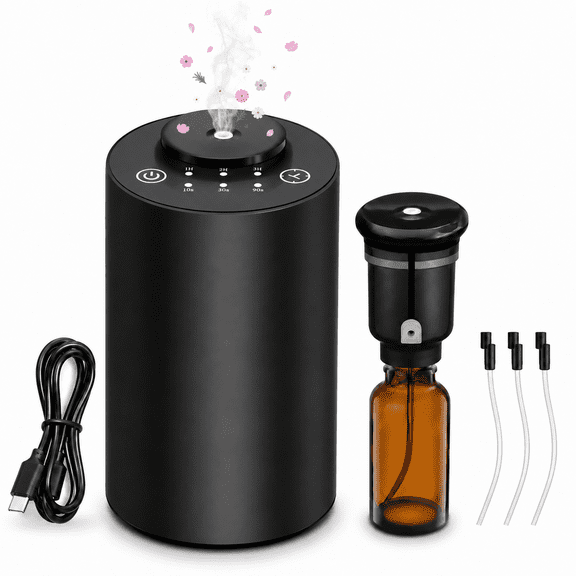 Ziweo Waterless Essential Oil Diffuser, Battery Operated Nebulizer, Portable Car Air Freshener fits Cup Holder, Mini Scent Air Machine with 3 Mist Levels & 4 Timers for Home, Office, Travel, 20mL