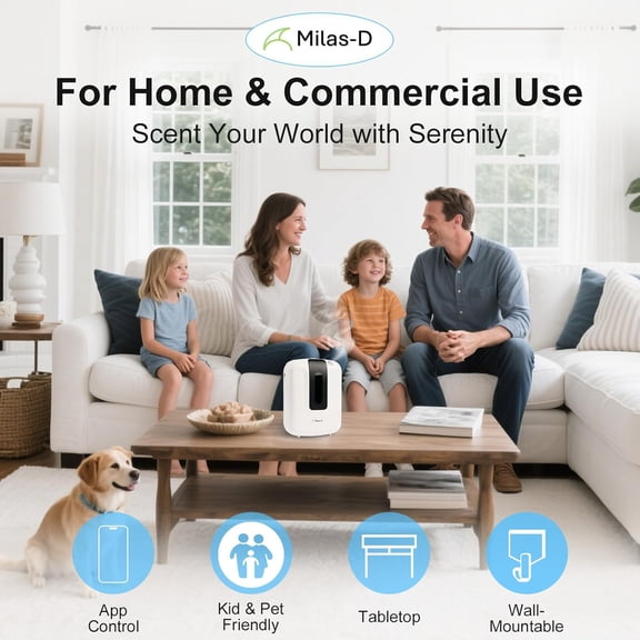 Waterless Essential Oil Diffuser for Large Rooms & Commercial Use - 13.5oz Cold Air Nebulizer with App Control, Wall Mount, White Aromatherapy Machine for Home Office Hotel Spa