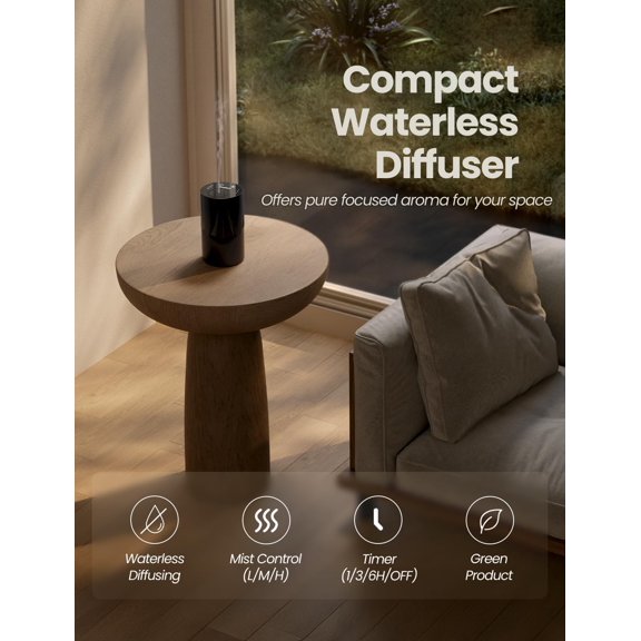 Waterless Essential Oil Diffuser Portable Aromatherapy Device with 20mL Capacity, Battery Operated Mini Scent Diffuser, 3 Mist Levels & Timers, Leak-Free for Home Car Office - Black 2 Pack