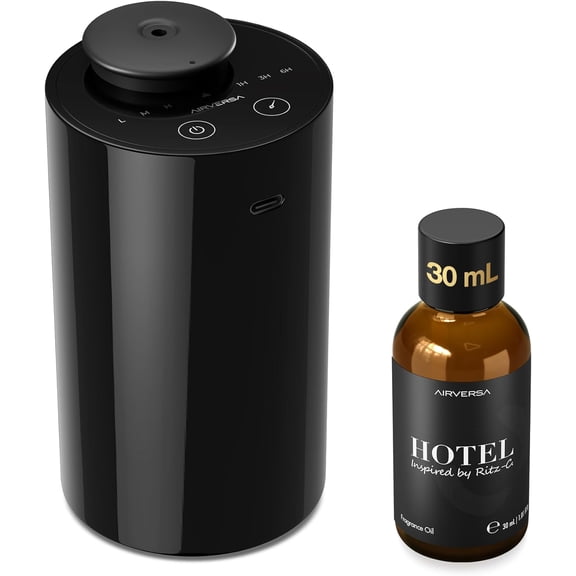 Waterless Essential Oil Diffuser Starter Kit with 30mL Hotel Fragrance Oil Inspired by Ritz-C., Battery Operated Car Diffuser, Portable Aroma Nebulizer for Home Car Office, AN6Kit-2, Black
