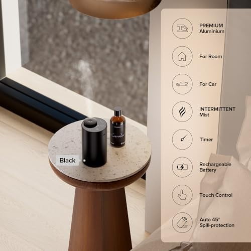 Waterless Essential Oil Diffuser Starter Kit with 4 x 10mL Fragrance Scent Oil, Battery Operated Mini Scent Air Machine Portable Diffuser for Home Car Office, ANX Black Kit01