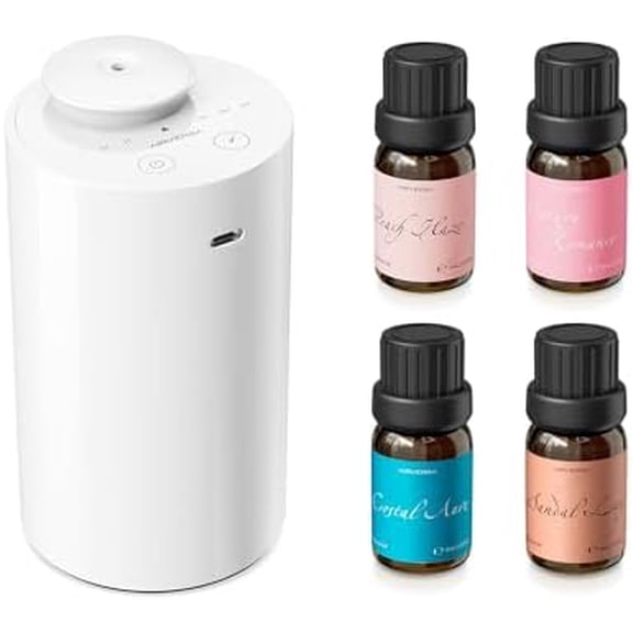 Waterless Essential Oil Diffuser Starter Kit with 4 x 10mL Fragrance Scent Oil, Battery Operated Mini Scent Air Machine Portable Diffuser for Home Car Office, AN6 White Kit01