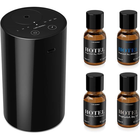 Waterless Essential Oil Diffuser Starter Kit with 4 x 10mL Hotel Scent Fragrance Oil, Battery Operated Mini Air Machine Portable for Home Car Office, AN8 Black