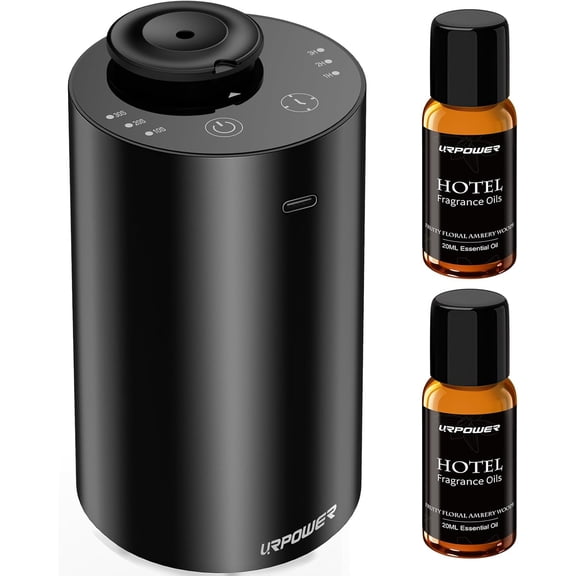 Waterless Essential Oil Diffuser: No Water Needed Battery Operated Scent Diffuser - 2 * 20ML Hotel Fragrance Essential Oils - Cordless & Mini Oil Machine Aluminum for Car Home Office(Black)