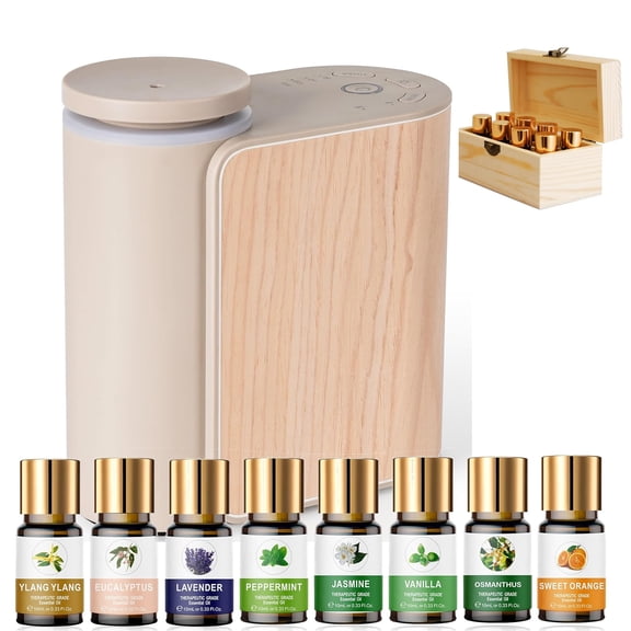 Waterless Essential Oil Diffuser with Solid Wood Cover, Portable Aroma Diffuser, Includes 8 Organic Essential Oils Set